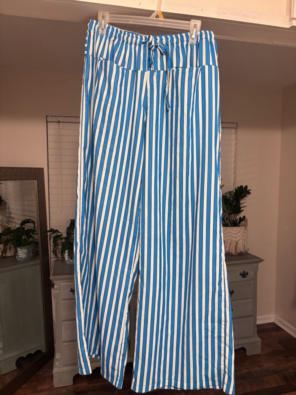 Blue and White Striped Wide Leg Pants